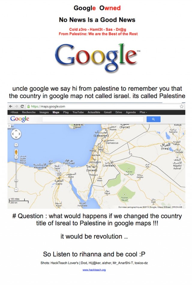 Página hackeada do Google Palestina