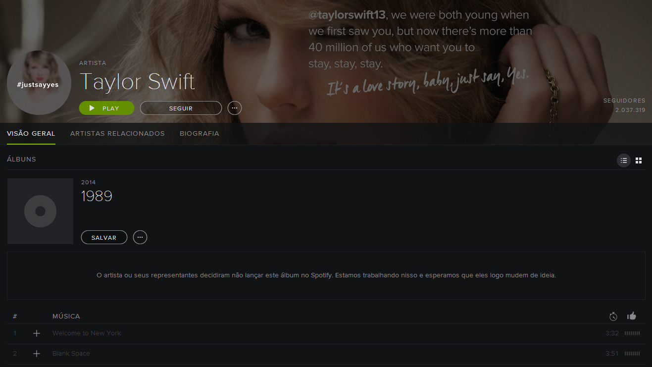 Spotify não tem mais álbuns da Taylor Swift