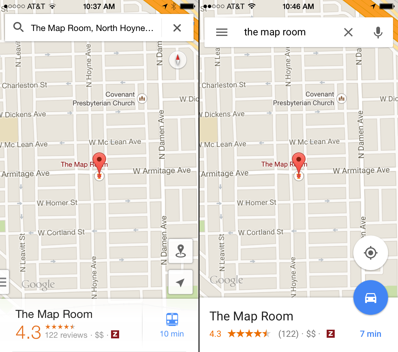 Comparação entre o antigo Google Maps (esquerda) e o novo (direita)