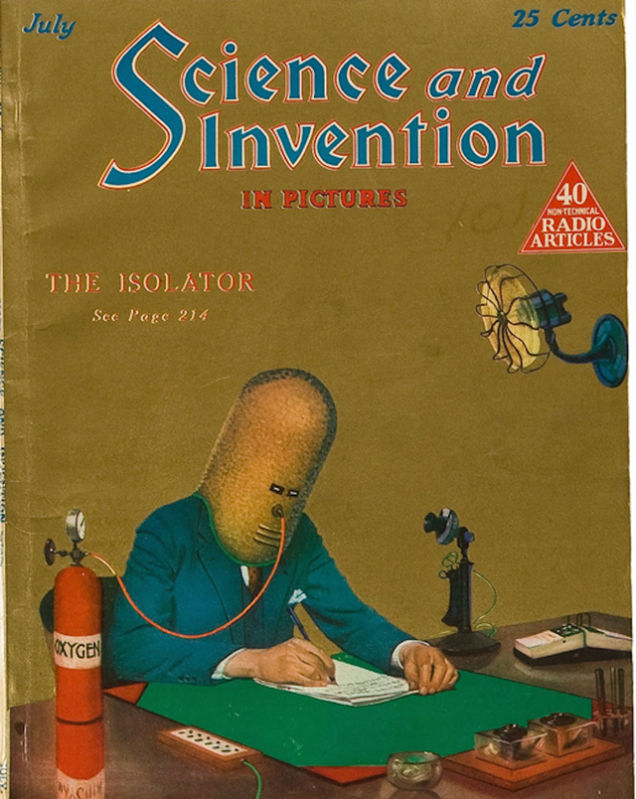 Elmo "Isolador" de Hugo Gernsback, conforme apareceu na edição de julho de 1925 da Science and Invention. Laughing Squid.