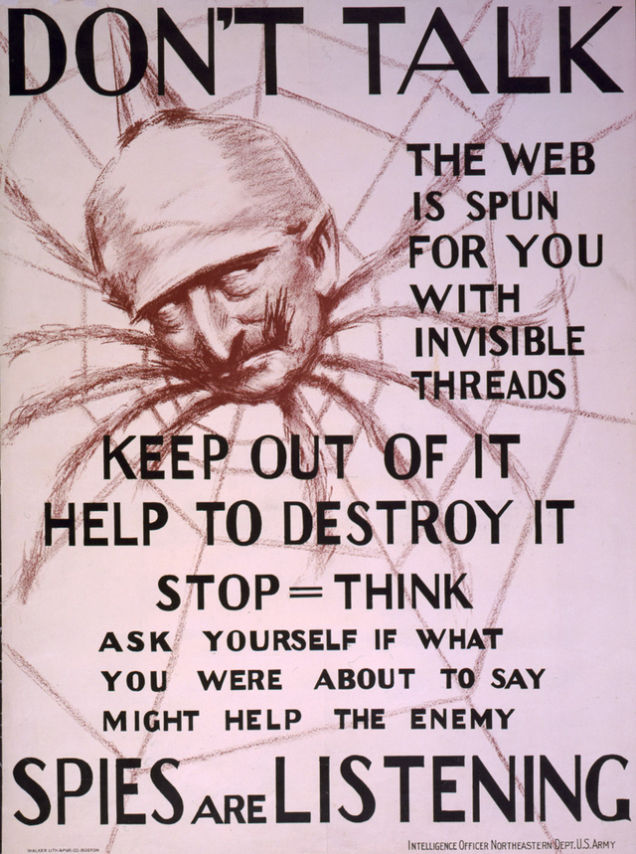 Propaganda da Primeira Guerra Mundial mostrando Kaiser Wilhelm II como uma aranha no centro de uma teia invisível, c. 1918. Library of Congress.