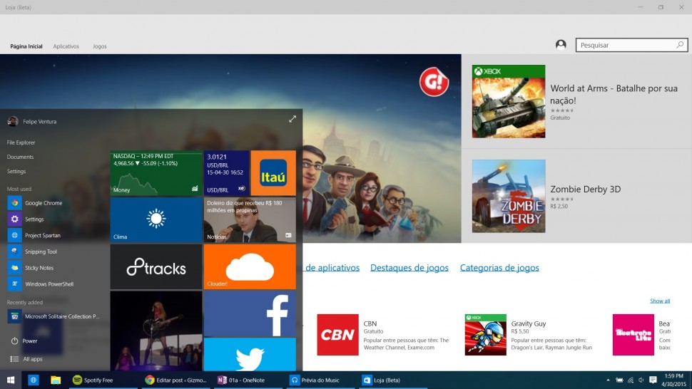 Windows 10 na Build - menu Iniciar transparente