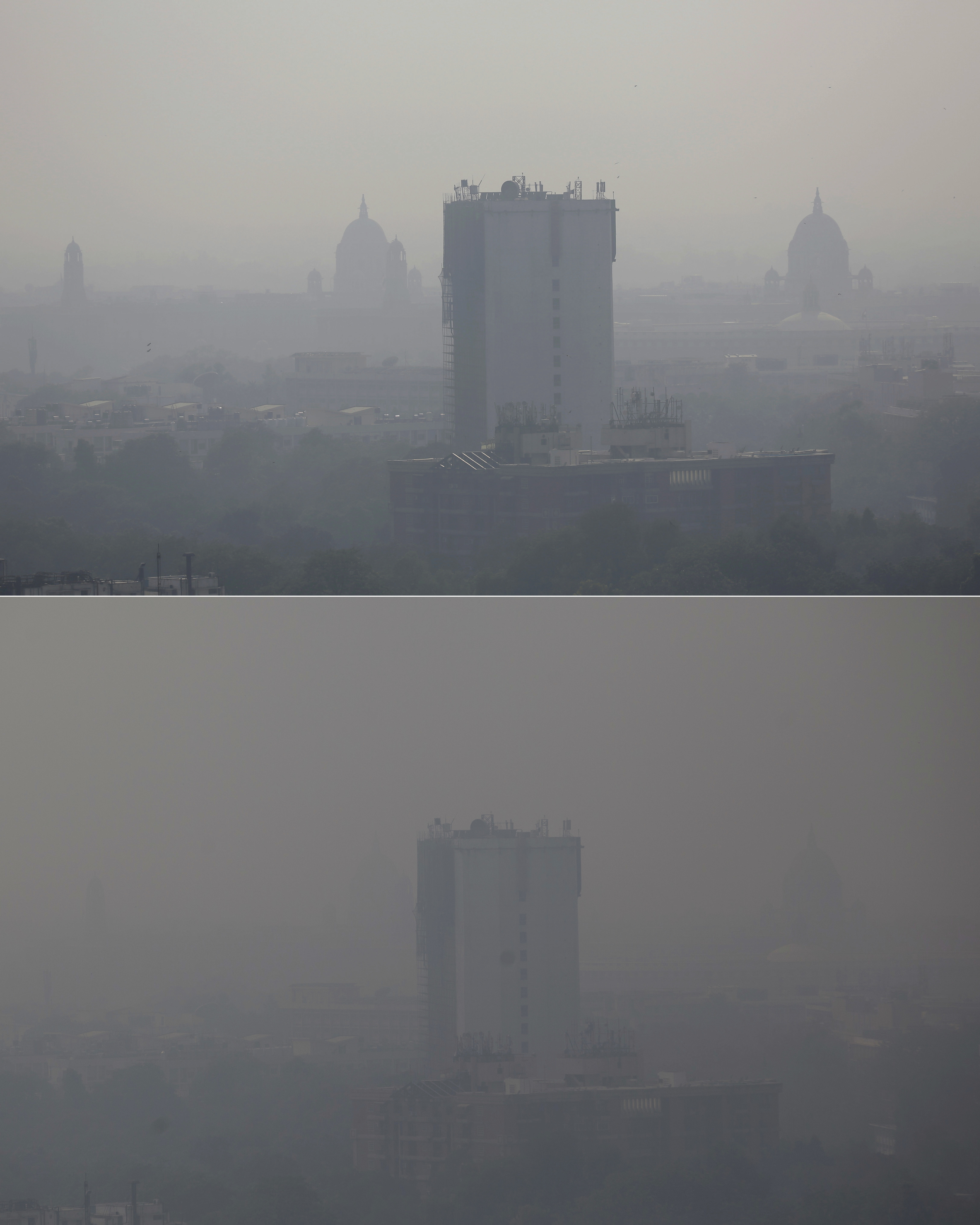 In this combination of two photos, the New Delhi skyline is seen enveloped in smog on Friday, Oct. 28, 2016, top, and a day after Diwali festival on Monday, Oct. 31, 2016, bottom. As Indians wake Monday to smoke-filled skies from a weekend of festival fireworks for the Hindu holiday of Diwali, New Delhi's worst season for air pollution begins, with dire consequences. A new report from UNICEF says about a third of the 2 billion children in the world who are breathing toxic air live in northern India and neighboring countries, risking serious health effects including damage to their lungs, brains and other organs. (AP Photo/Altaf Qadri, top, and Tsering Topgyal, bottom)