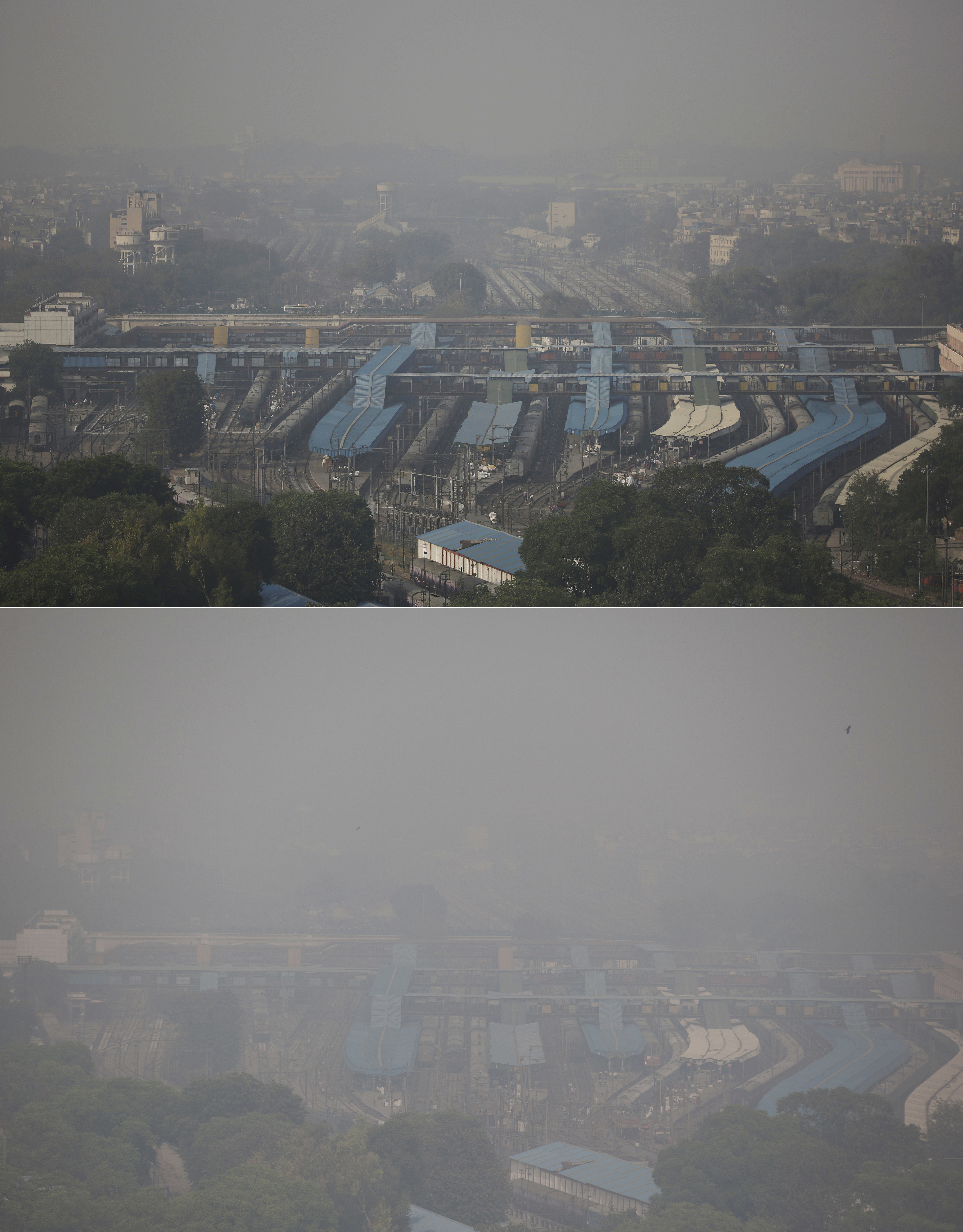 In this combination of two photos, the New Delhi skyline is seen enveloped in smog over a railway station on Friday, Oct. 28, 2016, top, and a day after Diwali festival on Monday, Oct. 31, 2016, bottom. As Indians wake Monday to smoke-filled skies from a weekend of festival fireworks for the Hindu holiday of Diwali, New Delhi's worst season for air pollution begins, with dire consequences. A new report from UNICEF says about a third of the 2 billion children in the world who are breathing toxic air live in northern India and neighboring countries, risking serious health effects including damage to their lungs, brains and other organs. (AP Photo/Altaf Qadri, top, and Tsering Topgyal, bottom)