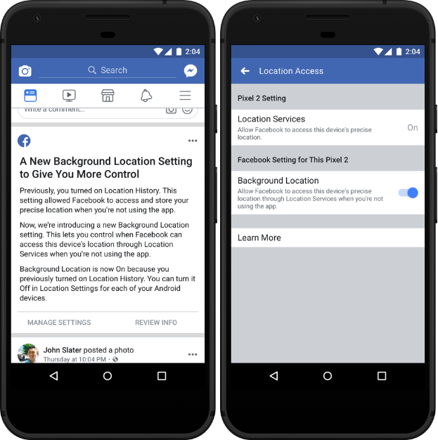 Imagem de duas capturas de tela do app do Facebook para Android. Na esquerda, um texto de alerta sobre a nova configuração de localizações. Na direita, a tela de configurações de localização com as opções Location Services e Background Location.