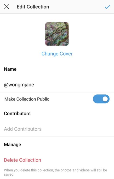 Captura de tela de recurso que permite tornar coleções de imagens públicas no Instagram