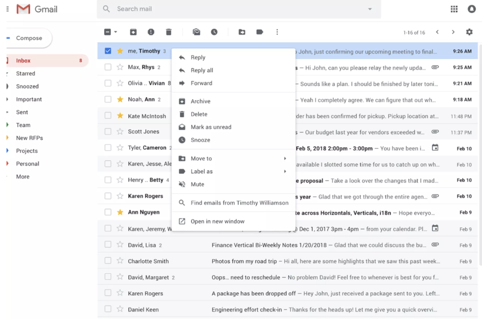 Screenshot do Gmail com o menu de clique com o botão direito do mouse aberto, mostrando que ele tem praticamente todas as opções que você encontra no Gmail.