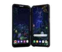 LG V50 5G de pé com o acessório de tela dupla