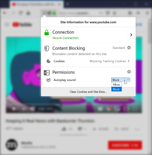 Captura de tela do navegador Firefox que mostra a opção de bloquear o recurso autoplay