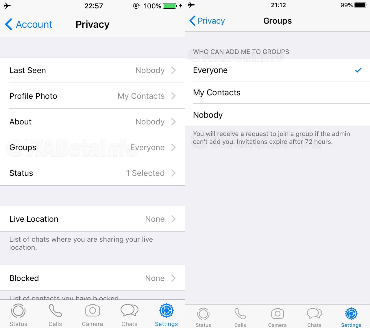 Capturas de tela no iOS que mostram opções de privacidade para grupos no WhatsApp