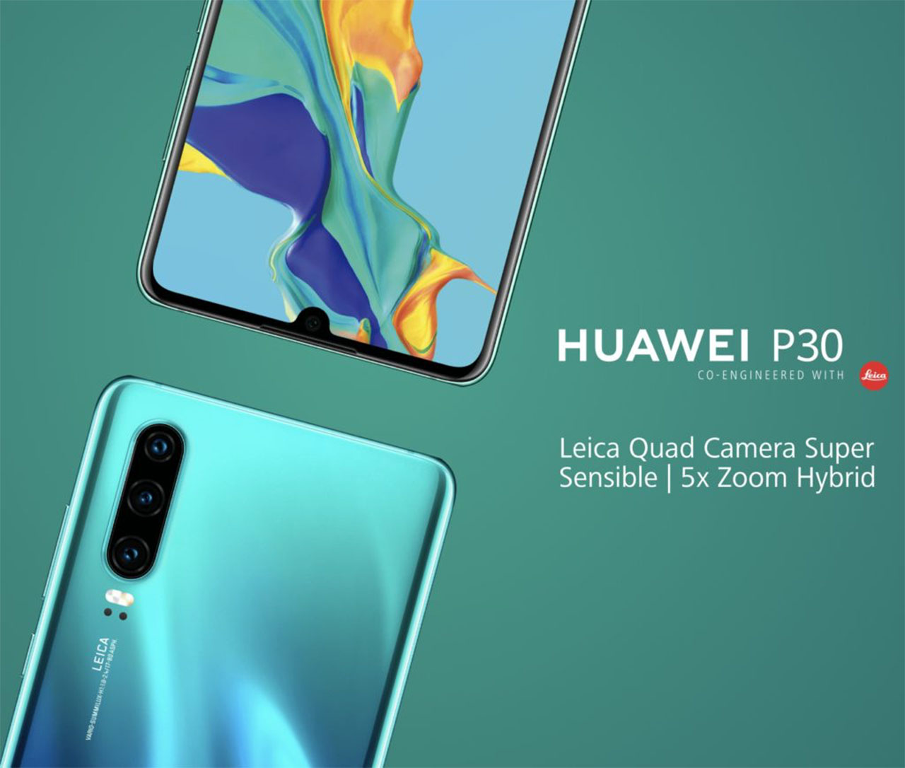 Imagem promocional mostra Huawei P30 de frente e de costas 