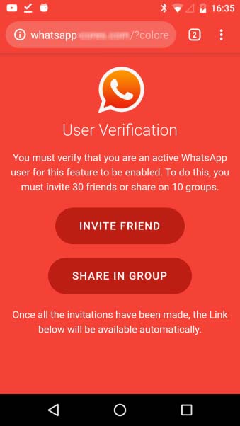 Página exibida no celular promete liberar função de alterar cor do WhatsApp se usuário compartilhar o link com amigos