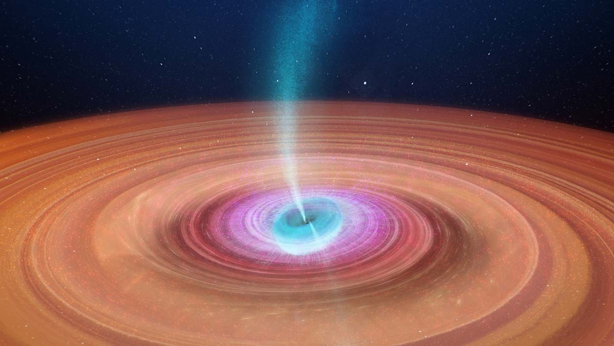 Uma ilustração da V404 Cygni girando fora de eixo do disco de matéria que a cerca