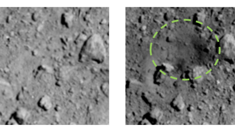 Antes e depois da cratera feita no asteroide Ryugu