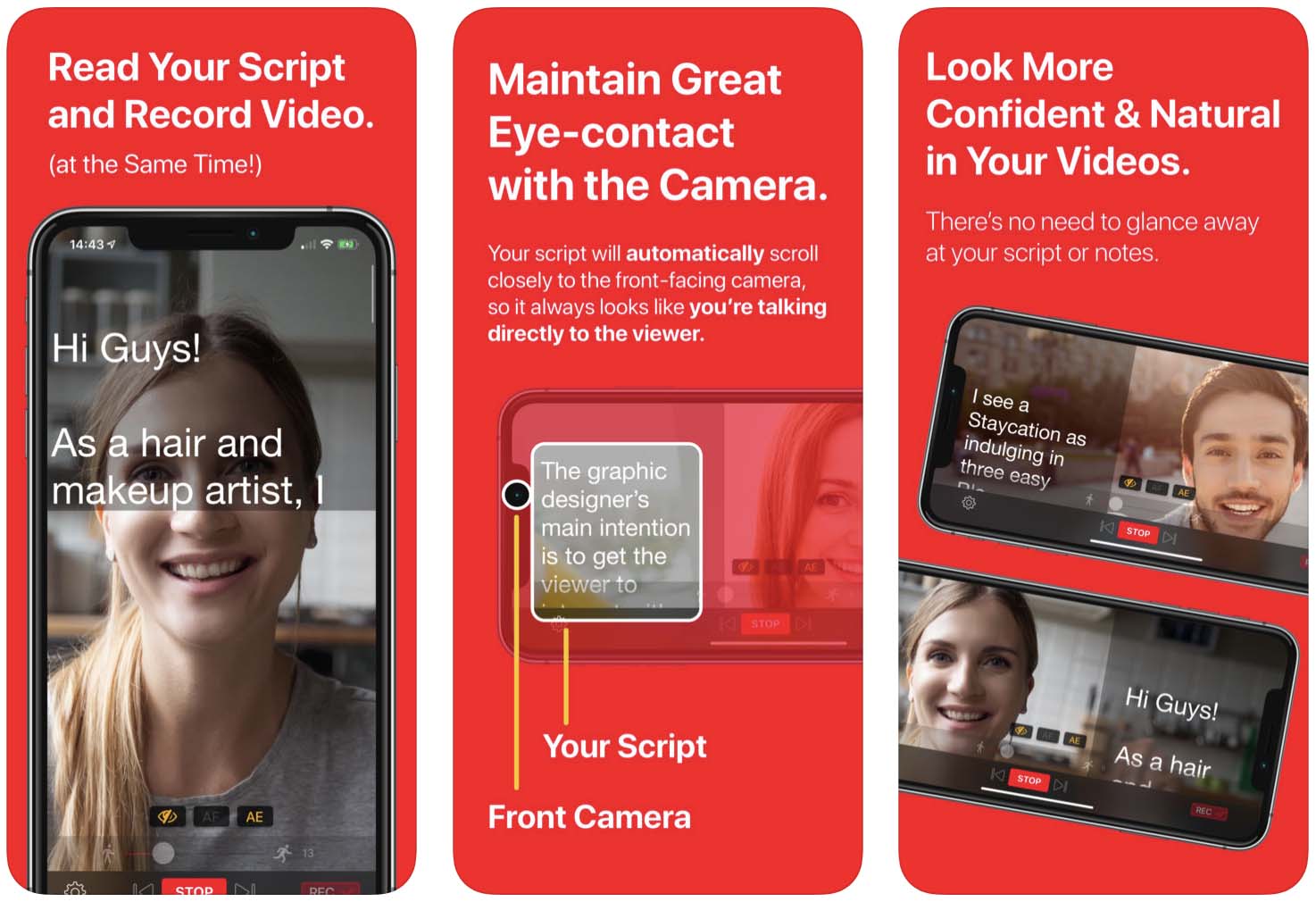 Telas do aplicativo Video Teleprompter Lite, para iOS