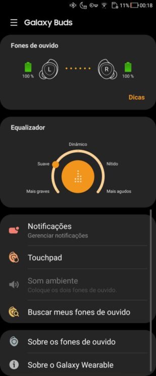 Interface do app dos Galaxy Buds