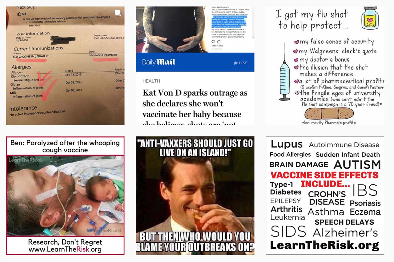 Captura de tela mostra posts de grupos antivacina no Instagram