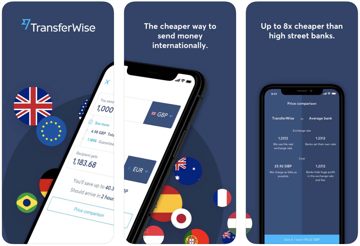 Telas do aplicativo TransferWise