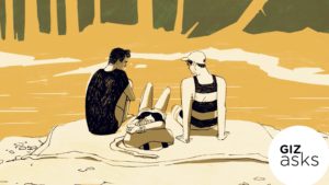 Ilustração mostra três pessoas na praia