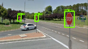 Imagem mostra uma conversão em duas ruas. Há três placas de "Pare". Todas elas têm retângulos verdes ao redor, desenhados pela inteligência artificial.