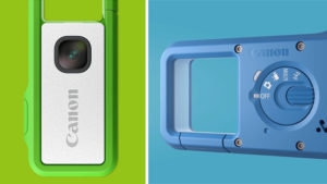 Na esquerda, a IVY REC verde. É um retângulo metálico com uma lente, a marca da Canon e uma borda verde-limão. Na direita, a traseira de uma IVY REC azul. Há um botão giratório para escolher os modos.