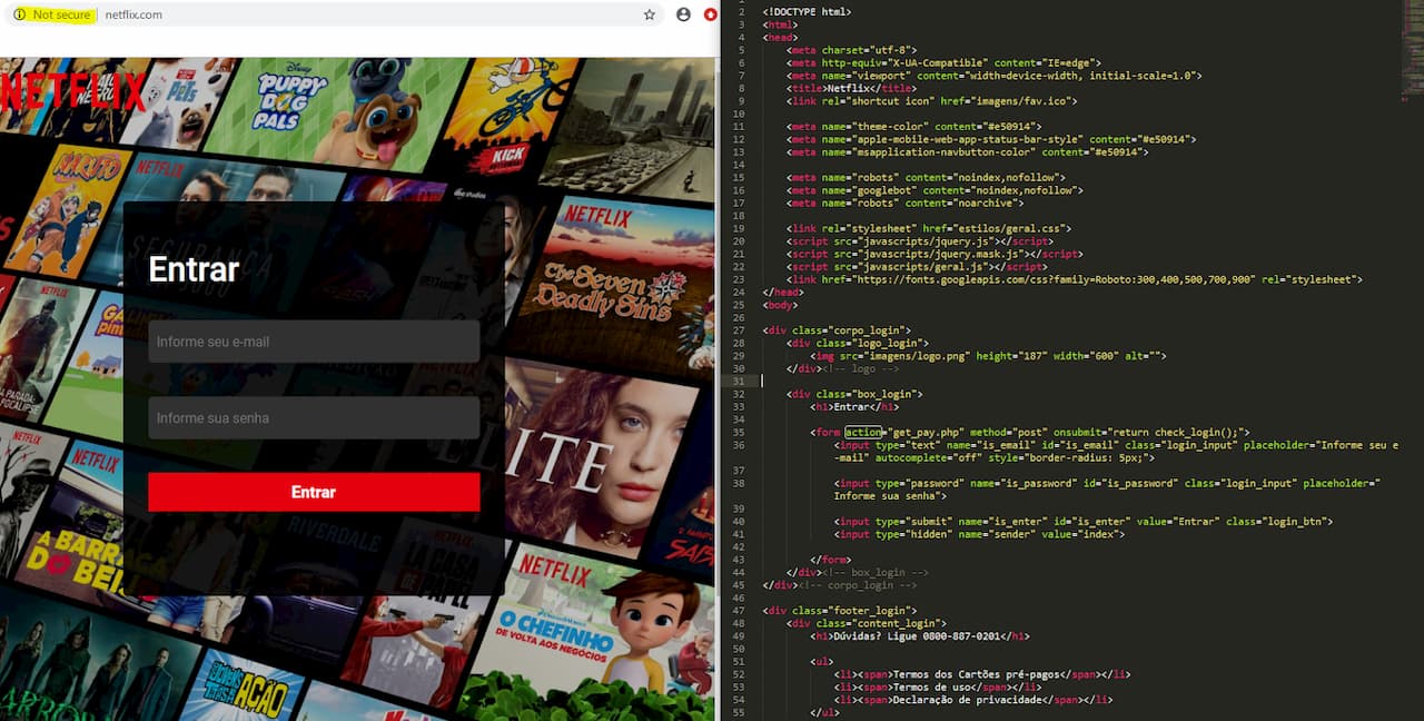 Página falsa da Netflix ao lado de código-fonte