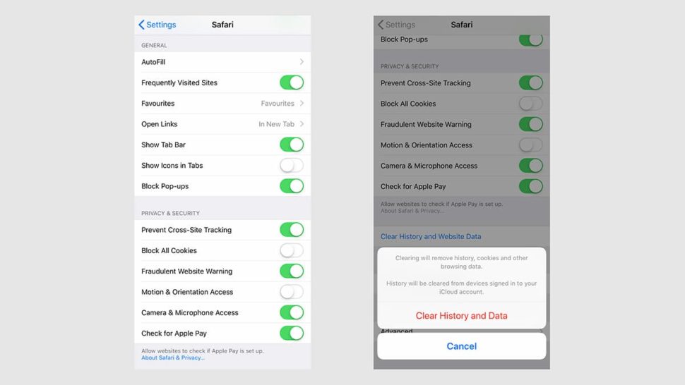 Configurações de privacidade do Safari para iOS