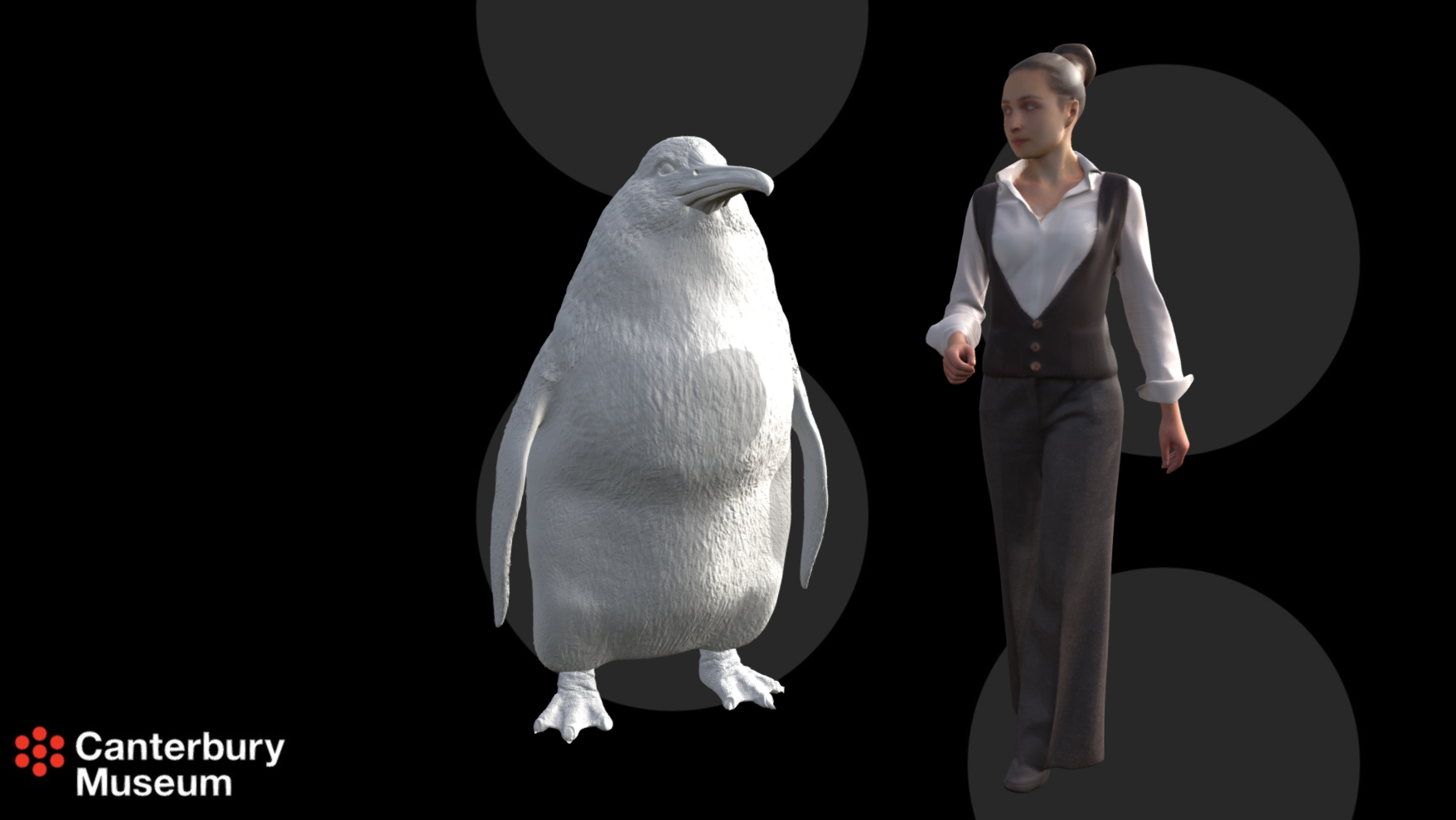 Imagem em 3D mostra um pinguim e uma mulher. O pinguim tem o dobro da largura da mulher e uma altura um pouco menor.