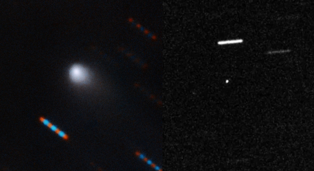 Imagem dividida ao meio mostra um círculo branco enevoado, o cometa Borisov, à esquerda e um objeto comprido também branco, o objeto interestelar 'Oumuamua, à direita.