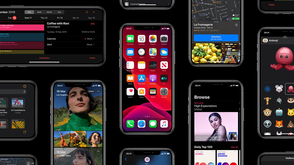 Imagem com vários iPhones justapostos mostrando recursos e telas do iOS 13.