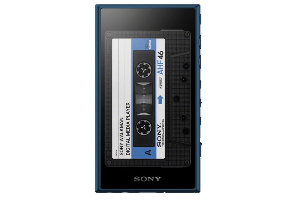 Tocador Walkman MP3 da Sony exibindo a imagem de uma fita na tela