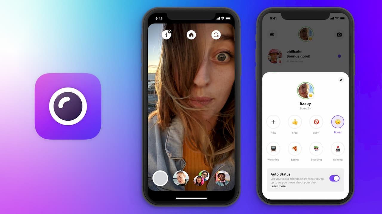 O ícone do app Threads e duas telas dele. Na primeira, uma selfie. Na segunda, um menu com várias opções de status, como ocupado, comendo e entediado.