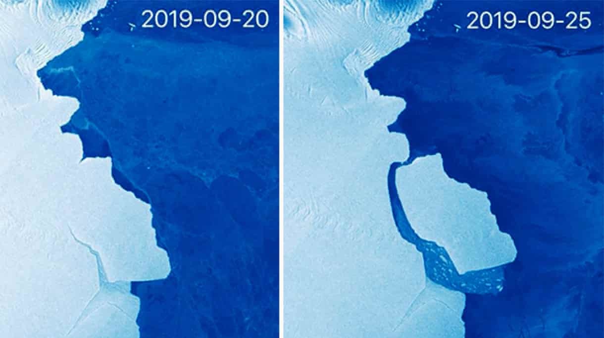 Antes e depois de iceberg que se soltou da plataforma de gelo Amery