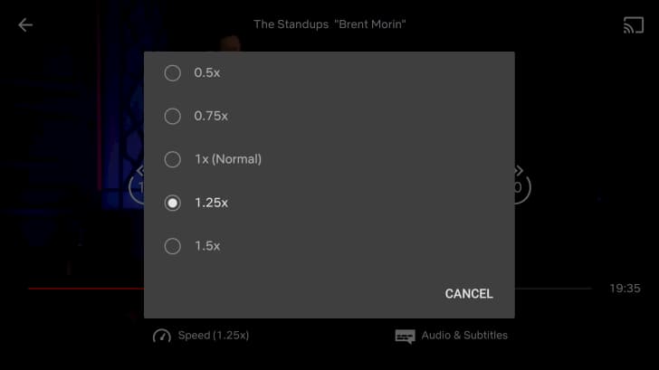 Opções de velocidade de reprodução no aplicativo da Netflix no Android