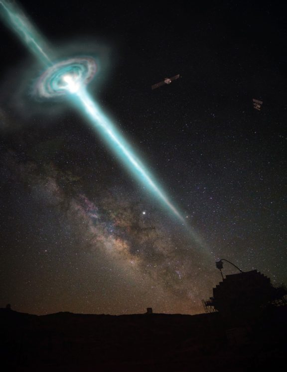 Imagem conceitual mostrando o observatório MAGIC examinando os céus em busca de raios gama