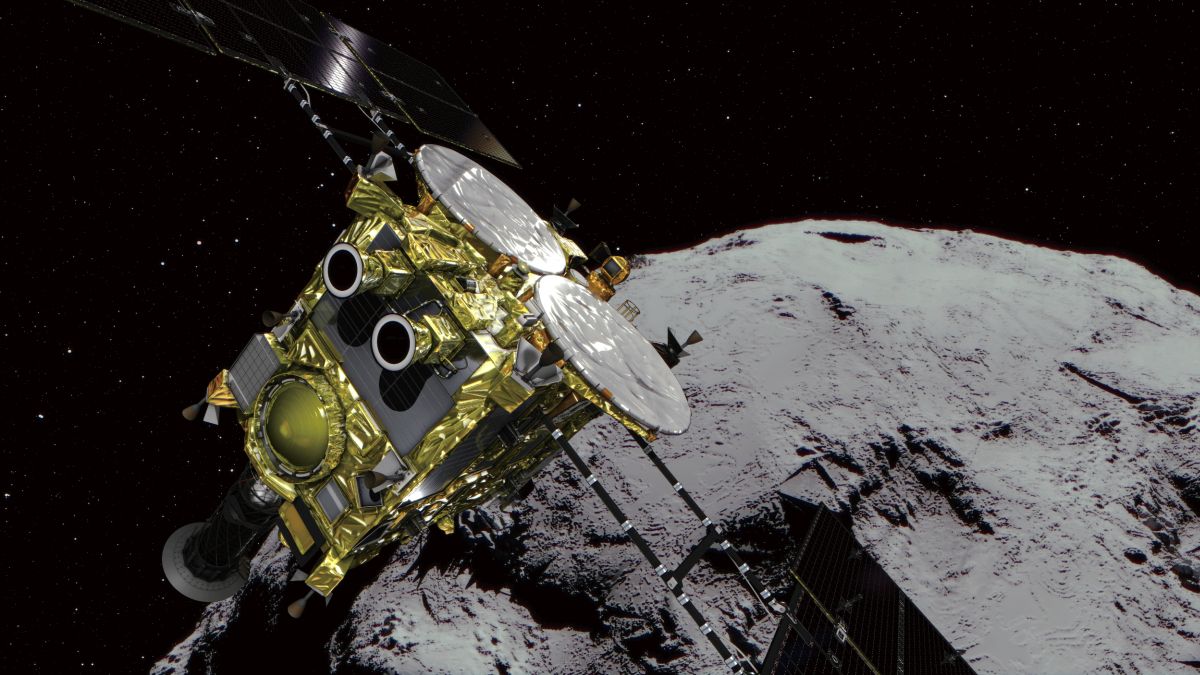 Concepção artística da sonda Hayabusa2 no asteroide Ryugu