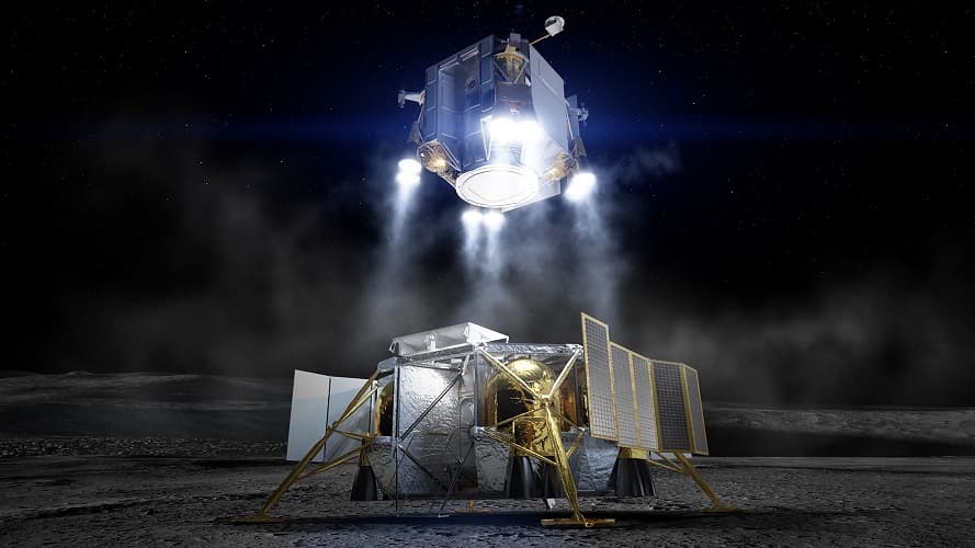 Imagem conceitual mostra elemento de ascensão — com astronautas dentro — deixando a superfície lunar. O elemento de descida, após deixar os astronautas, ficaria para trás. Crédito: Boeing