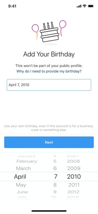 Tela do Instagram pedindo para usuário colocar data de aniversário