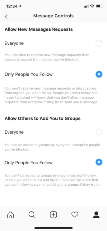 Tela do app do Instagram que permite limitar quem envia mensagens pela rede