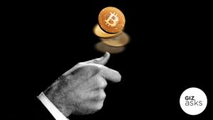 Ilustração de moeda com símbolo do bitcoin sendo jogada para o alto