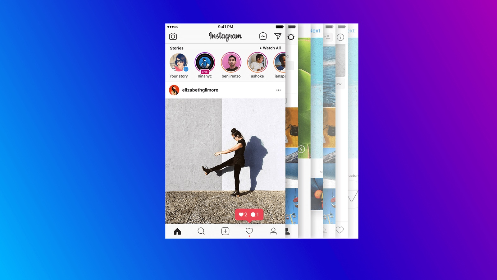 Capturas de telas do app do Instagram em um fundo colorido