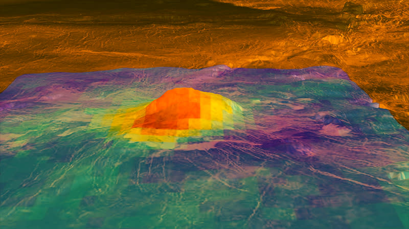 Imagem do pico vulcânico Idunn Mons, criada usando dados da Venus Express. Crédito: NASA