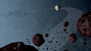 Representação artística de Júpiter e dos asteróides de Tróia