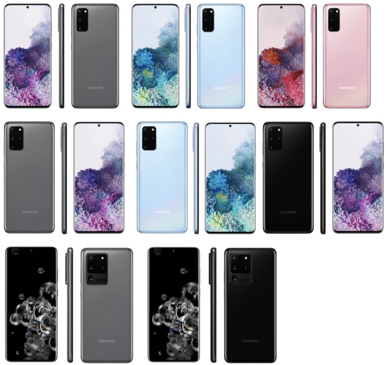 Imagem vazada por @evleaks mostra diferentes cores e versões do Galaxy S20