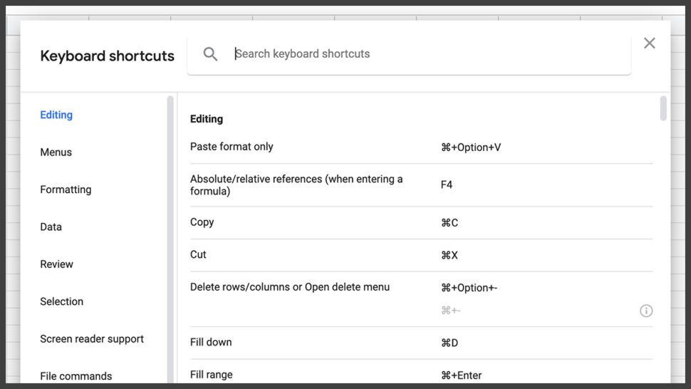 Tela de configuração atalhos de teclado do Google Docs