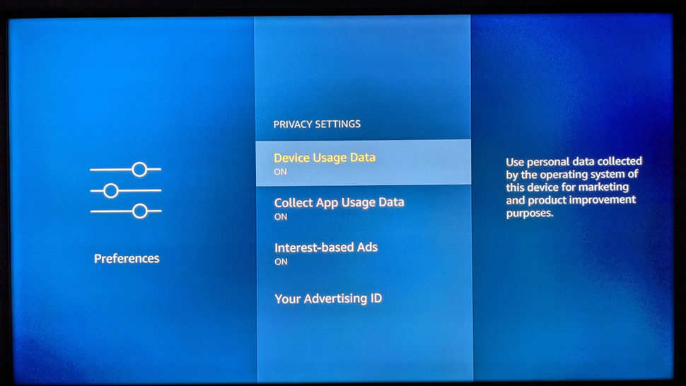 Captura de tela mostrando restringir coleta de dados no Fire TV