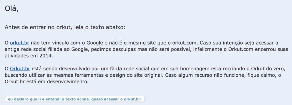 Aviso de que o orkut.br.com não tem relação com o Google