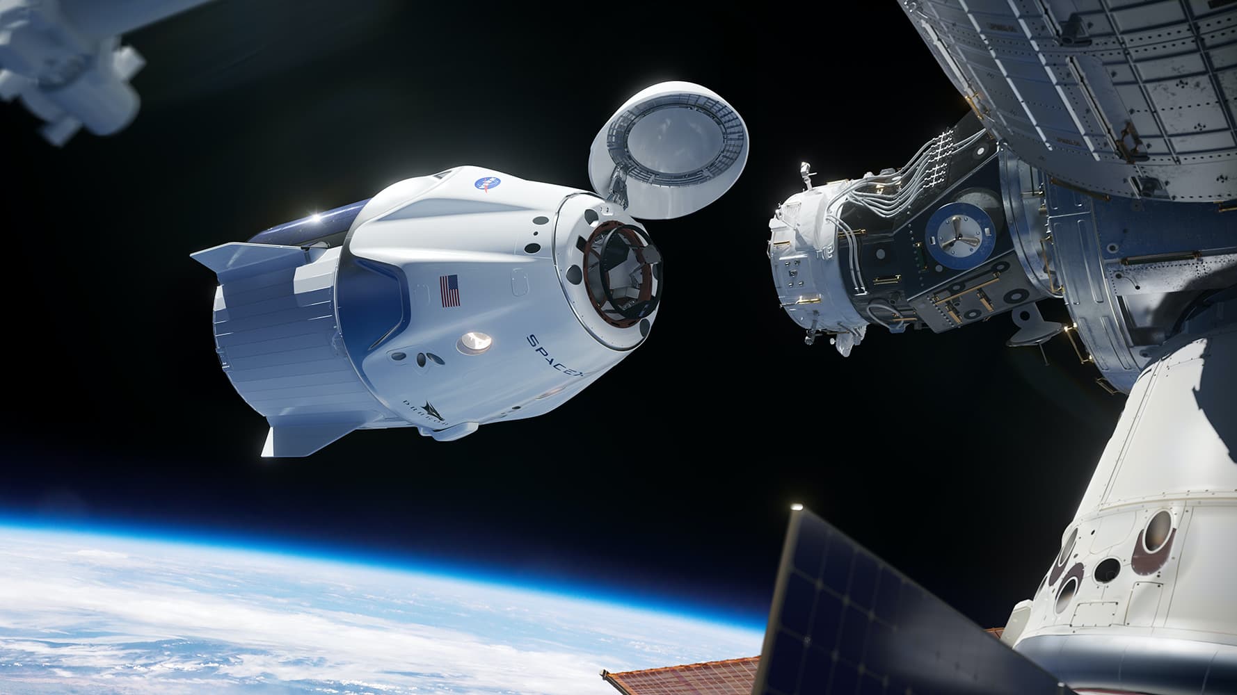 Imagem de conceito da cápsula de tripulação da SpaceX acoplado à Estação Espacial Internacional