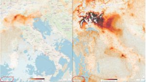 Dados de satélite mostrando as emissões de dióxido de nitrogênio sobre o norte da Itália em 7 de março (esquerda) e 8 de fevereiro (direita)