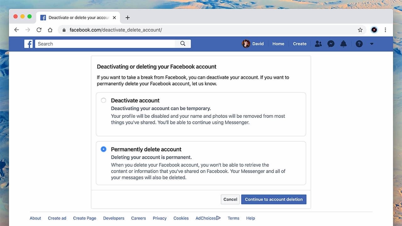 Página para deletar a conta do Facebook